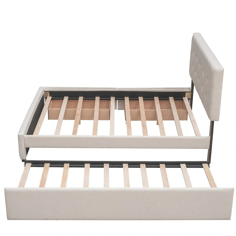 Letto a piattaforma matrimoniale in lino con 2 cassetti e letto estraibile Twin XL, grigio scuro/grigio chiaro/beige, montaggio per 2 persone