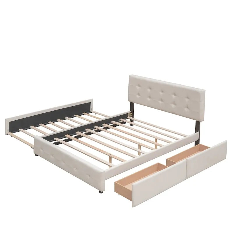 Letto a piattaforma matrimoniale in lino con 2 cassetti e letto estraibile Twin XL, grigio scuro/grigio chiaro/beige, montaggio per 2 persone