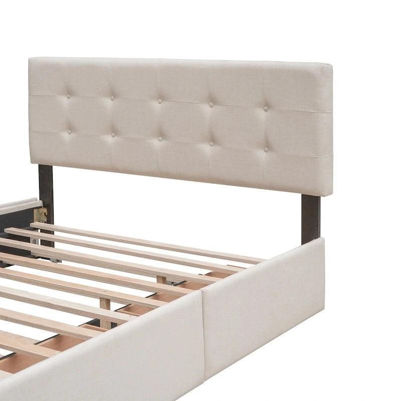 Letto a piattaforma matrimoniale in lino con 2 cassetti e letto estraibile Twin XL, grigio scuro/grigio chiaro/beige, montaggio per 2 persone