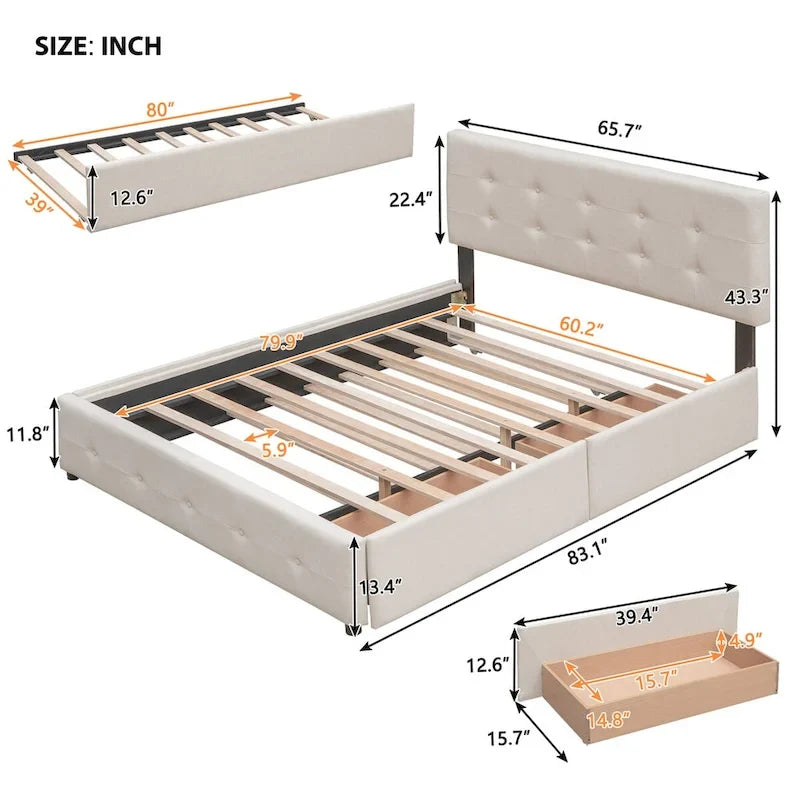 Letto a piattaforma matrimoniale in lino con 2 cassetti e letto estraibile Twin XL, grigio scuro/grigio chiaro/beige, montaggio per 2 persone