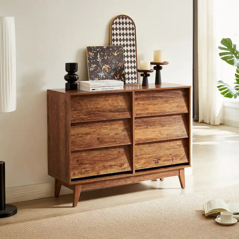 Comò marrone/nero con 6 cassetti in stile Mid-Century con design smussato, per 1