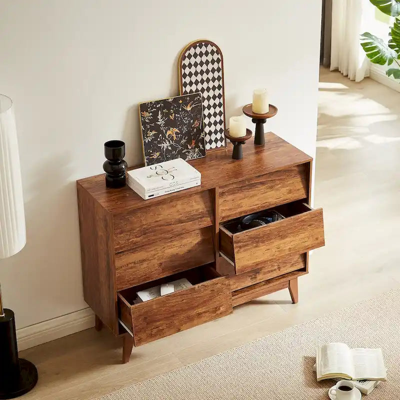 Comò marrone/nero con 6 cassetti in stile Mid-Century con design smussato, per 1