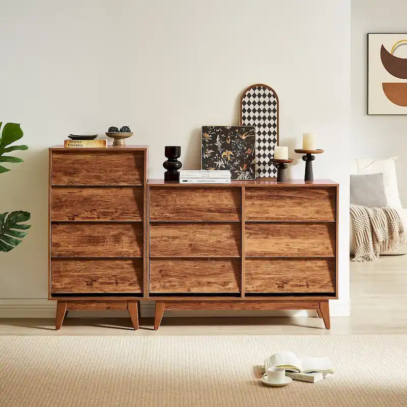 Comò marrone/nero con 6 cassetti in stile Mid-Century con design smussato, per 1