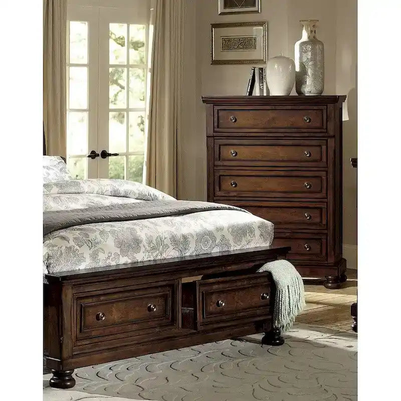 Set camera da letto 5 pezzi in ciliegio scuro, stile slitta, per 1-2 persone