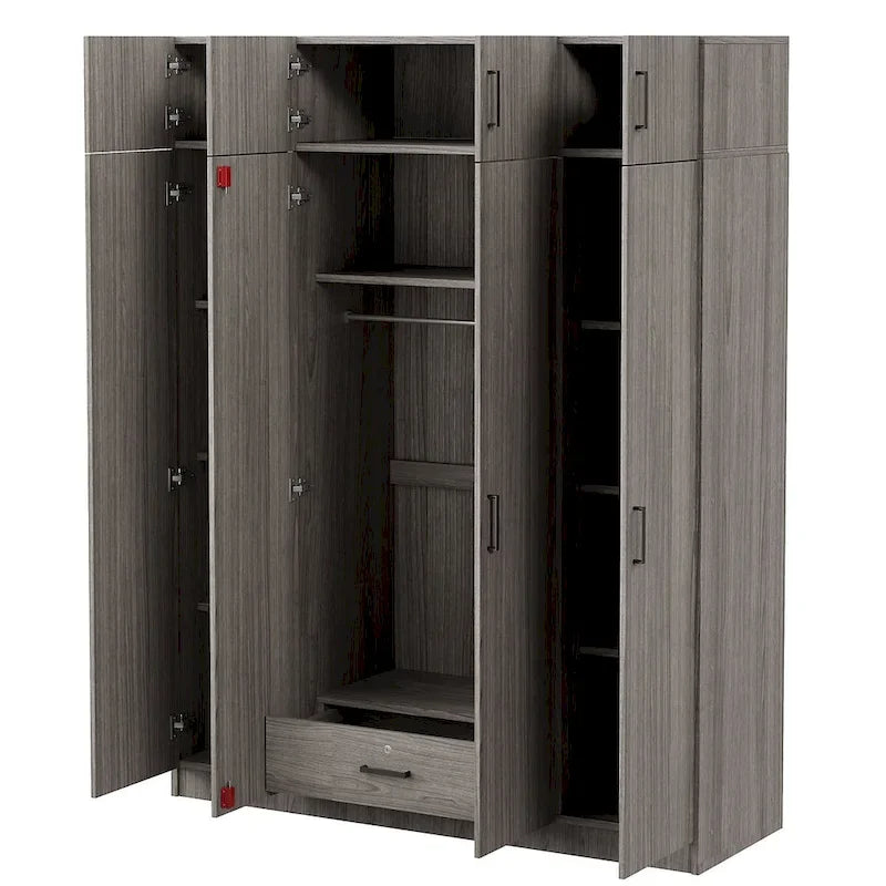 Armadio a 4 ante bianco/grigio con cassetto e bastone appendiabiti, 1 persona