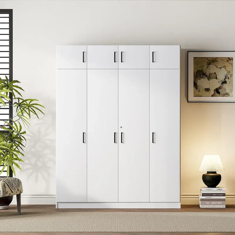 Armadio a 4 ante bianco/grigio con cassetto e bastone appendiabiti, 1 persona