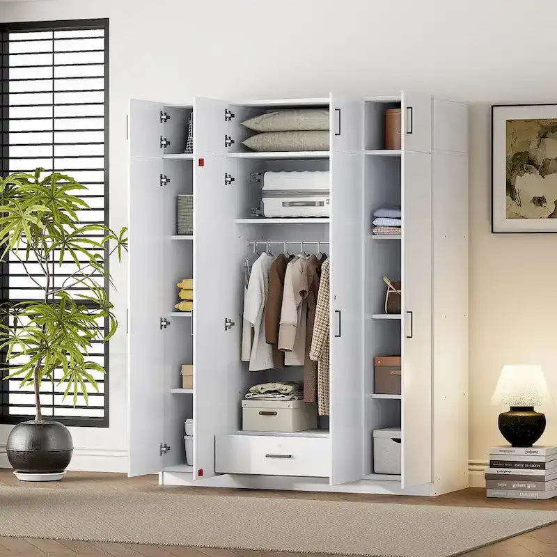 Armadio a 4 ante bianco/grigio con cassetto e bastone appendiabiti, 1 persona