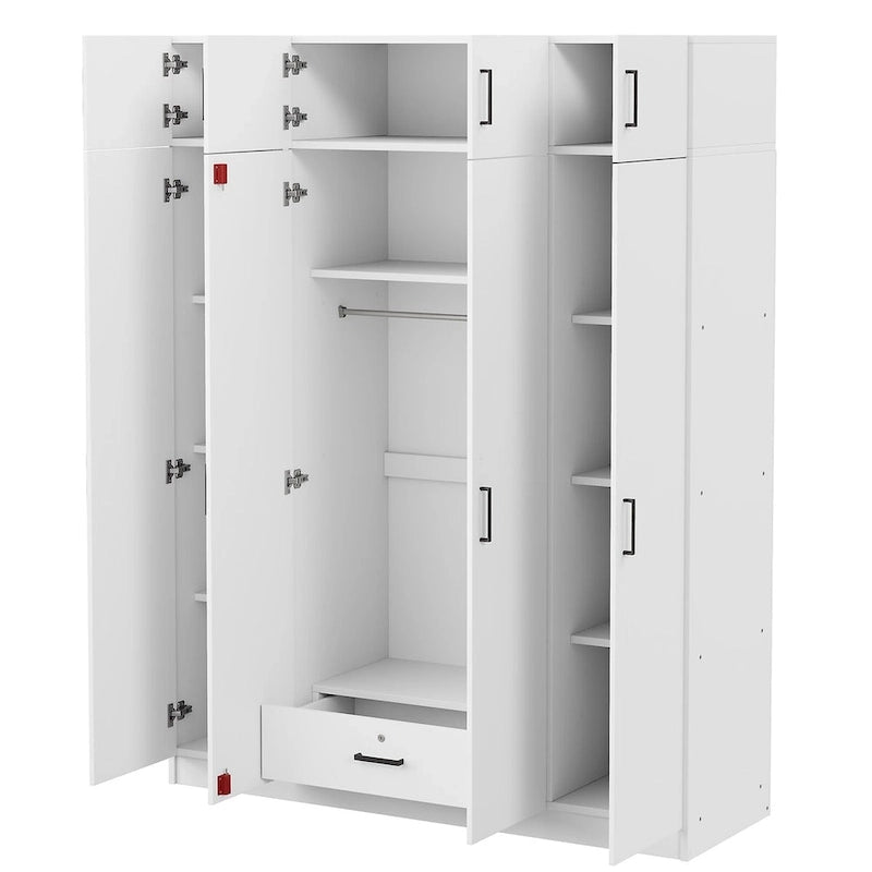 Armadio a 4 ante bianco/grigio con cassetto e bastone appendiabiti, 1 persona