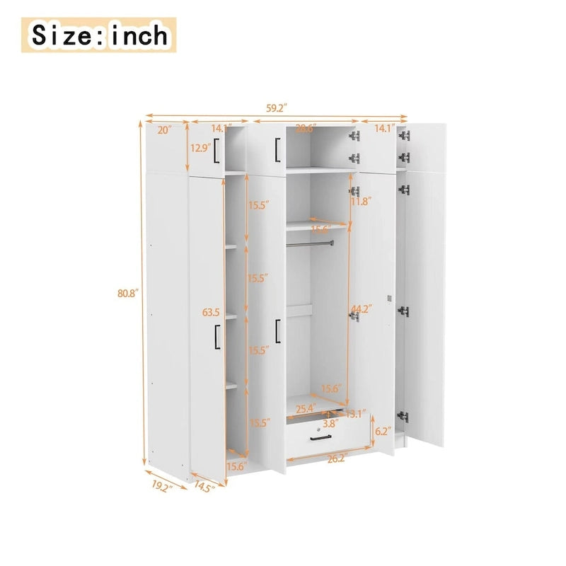 Armadio a 4 ante bianco/grigio con cassetto e bastone appendiabiti, 1 persona