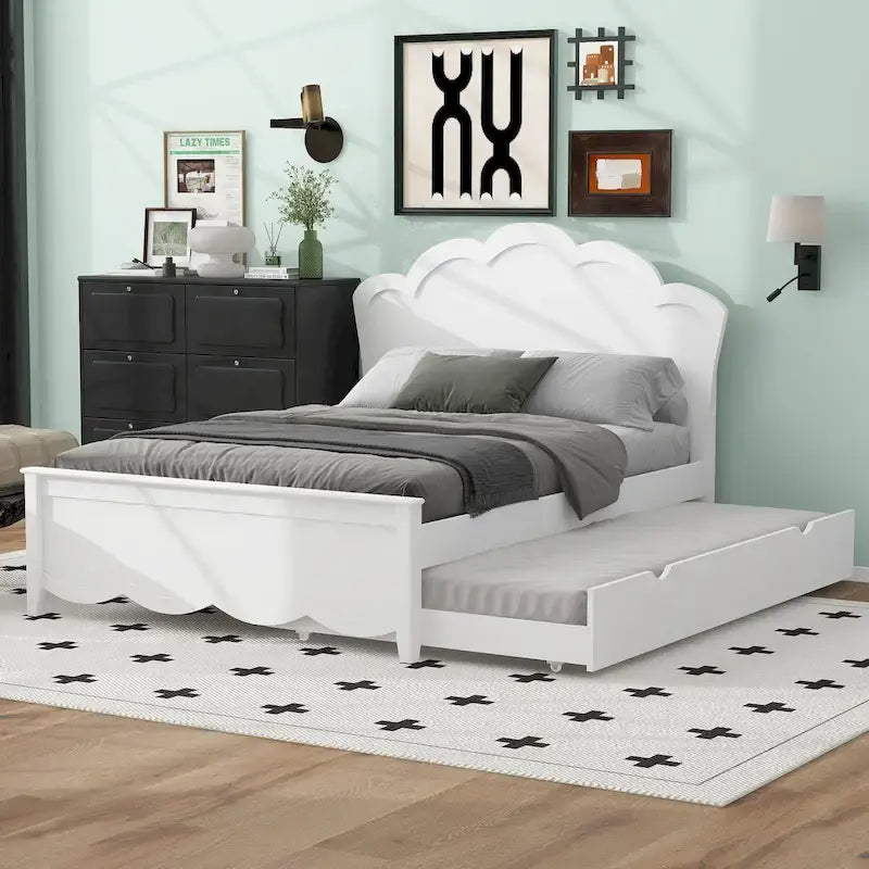 Letto a piattaforma singolo e matrimoniale bianco con letto estraibile e testiera, per 2 persone