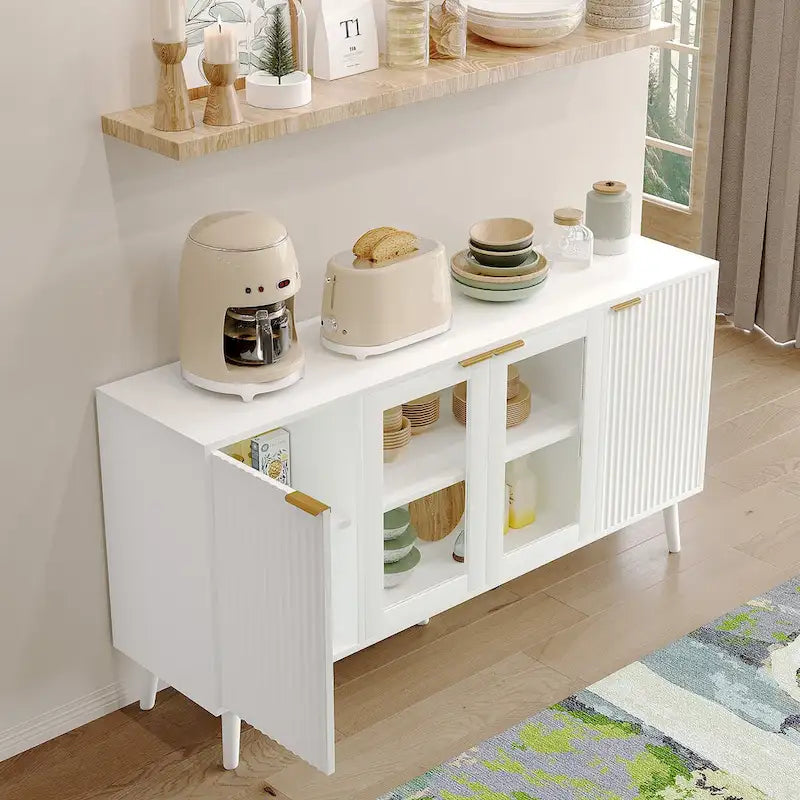 Credenza/Mobile Buffet Mid-Century Bianco e Nero con 4 Ante in Vetro, Armadietto Monofamiliare