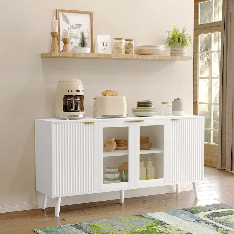 Credenza/Mobile Buffet Mid-Century Bianco e Nero con 4 Ante in Vetro, Armadietto Monofamiliare