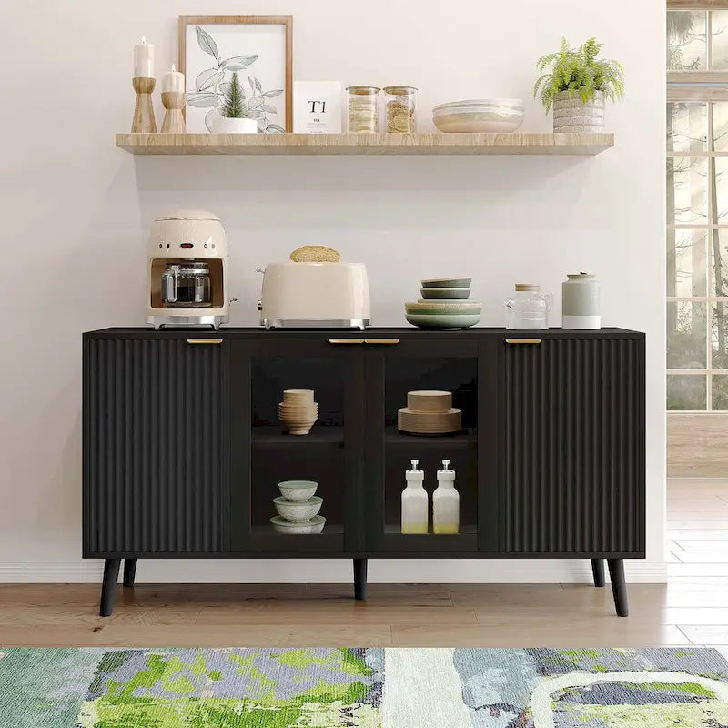 Credenza/Mobile Buffet Mid-Century Bianco e Nero con 4 Ante in Vetro, Armadietto Monofamiliare