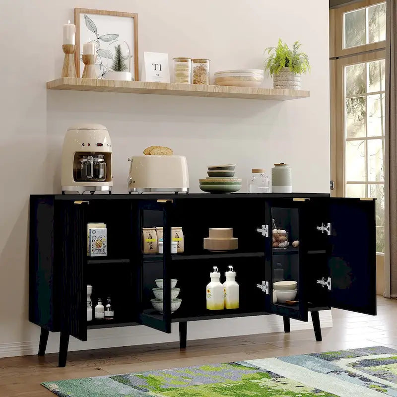 Credenza/Mobile Buffet Mid-Century Bianco e Nero con 4 Ante in Vetro, Armadietto Monofamiliare