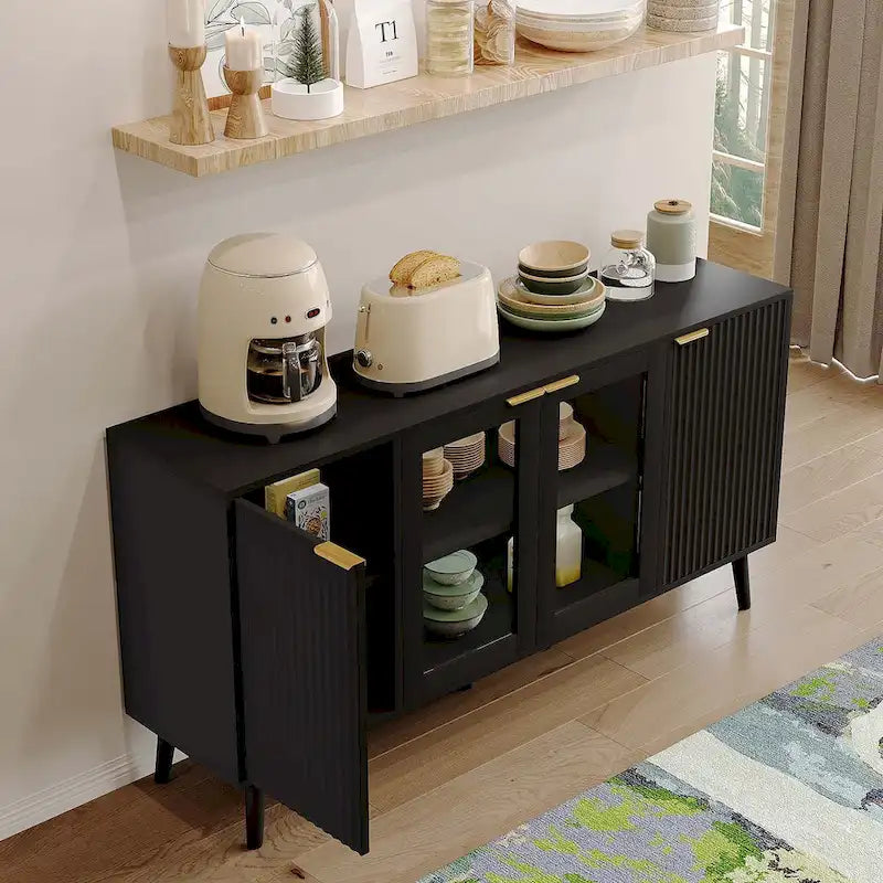 Credenza/Mobile Buffet Mid-Century Bianco e Nero con 4 Ante in Vetro, Armadietto Monofamiliare