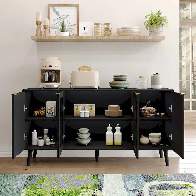 Credenza/Mobile Buffet Mid-Century Bianco e Nero con 4 Ante in Vetro, Armadietto Monofamiliare