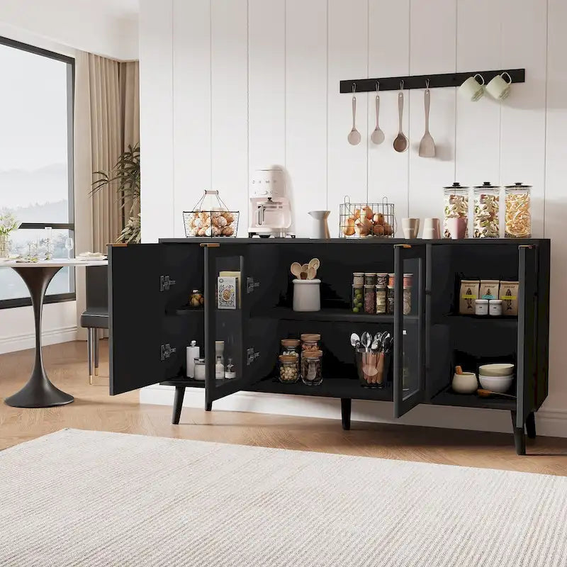 Credenza/Mobile Buffet Mid-Century Bianco e Nero con 4 Ante in Vetro, Armadietto Monofamiliare