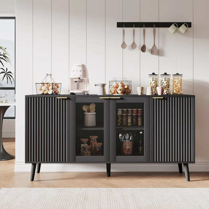 Credenza/Mobile Buffet Mid-Century Bianco e Nero con 4 Ante in Vetro, Armadietto Monofamiliare