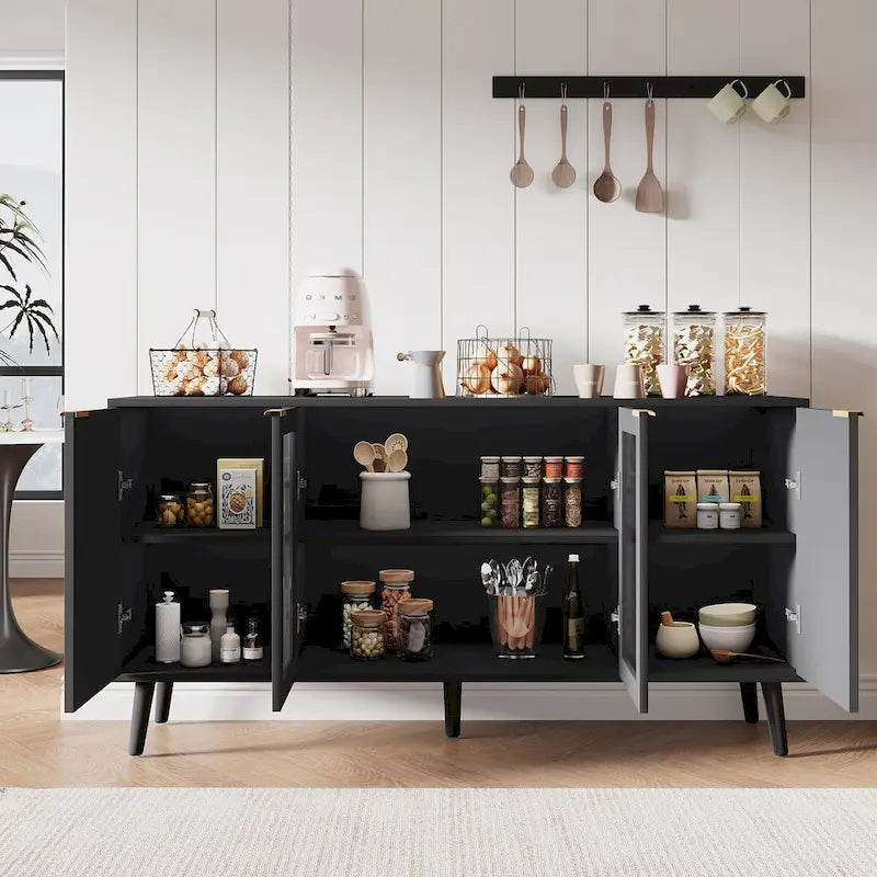 Credenza/Mobile Buffet Mid-Century Bianco e Nero con 4 Ante in Vetro, Armadietto Monofamiliare
