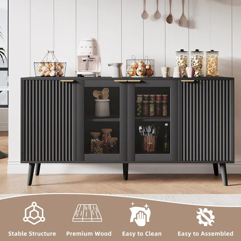 Credenza/Mobile Buffet Mid-Century Bianco e Nero con 4 Ante in Vetro, Armadietto Monofamiliare