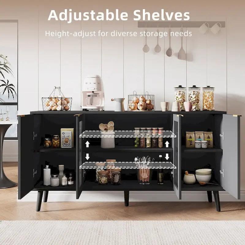Credenza/Mobile Buffet Mid-Century Bianco e Nero con 4 Ante in Vetro, Armadietto Monofamiliare