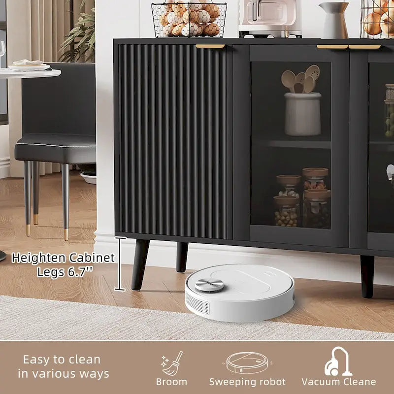 Credenza/Mobile Buffet Mid-Century Bianco e Nero con 4 Ante in Vetro, Armadietto Monofamiliare
