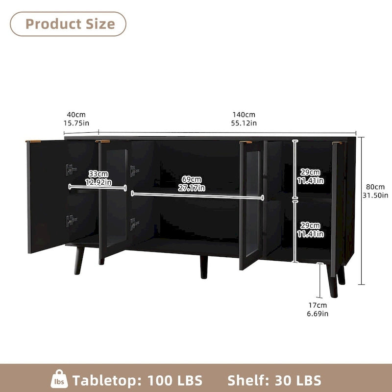 Credenza/Mobile Buffet Mid-Century Bianco e Nero con 4 Ante in Vetro, Armadietto Monofamiliare