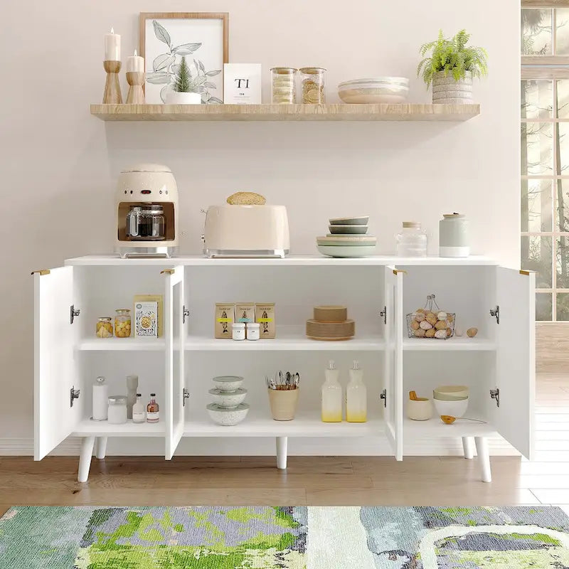 Credenza/Mobile Buffet Mid-Century Bianco e Nero con 4 Ante in Vetro, Armadietto Monofamiliare
