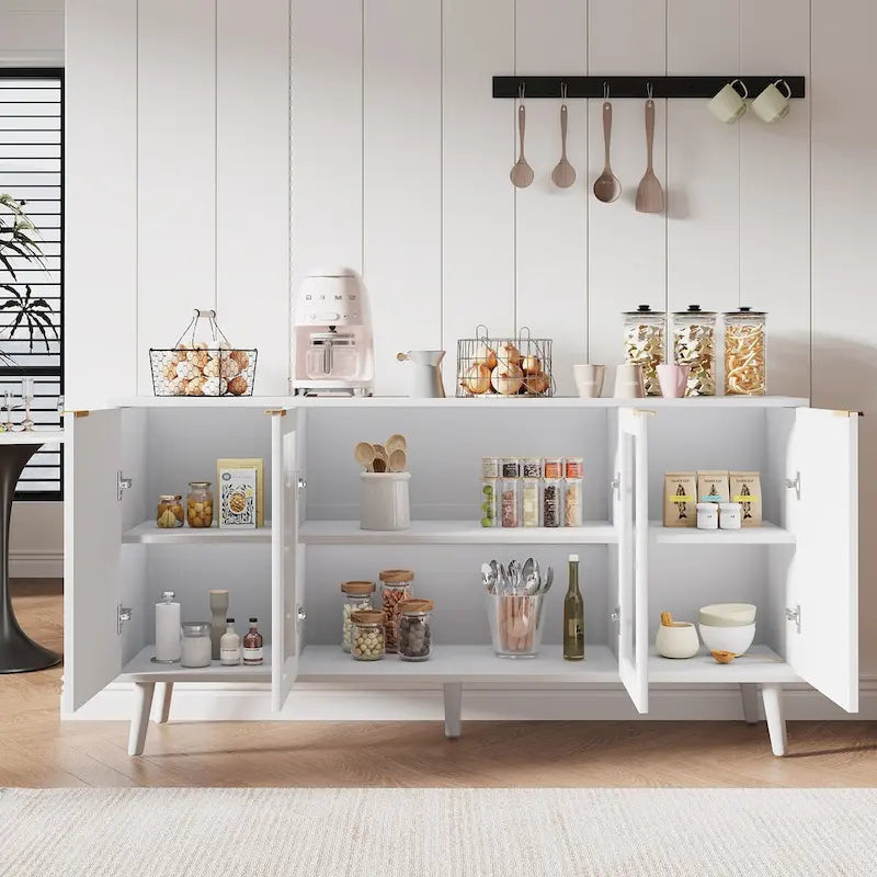 Credenza/Mobile Buffet Mid-Century Bianco e Nero con 4 Ante in Vetro, Armadietto Monofamiliare