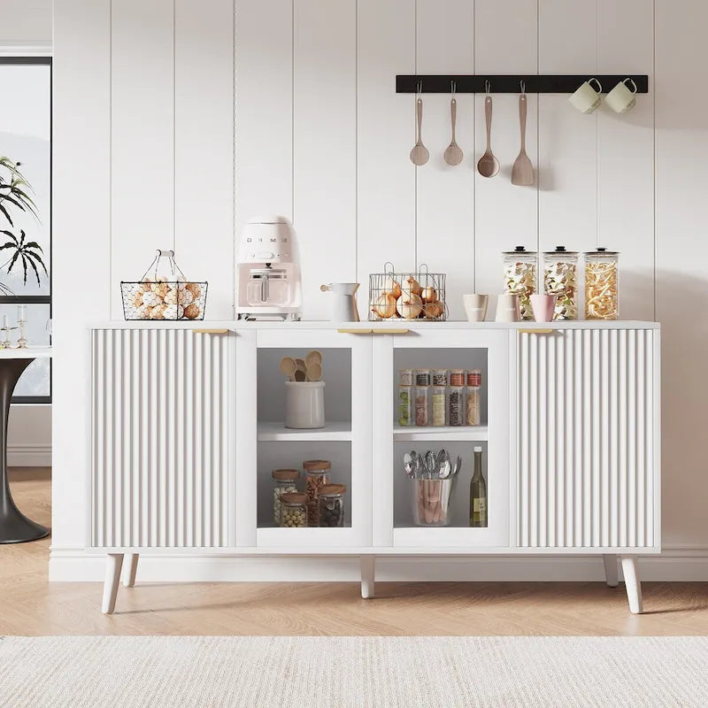 Credenza/Mobile Buffet Mid-Century Bianco e Nero con 4 Ante in Vetro, Armadietto Monofamiliare