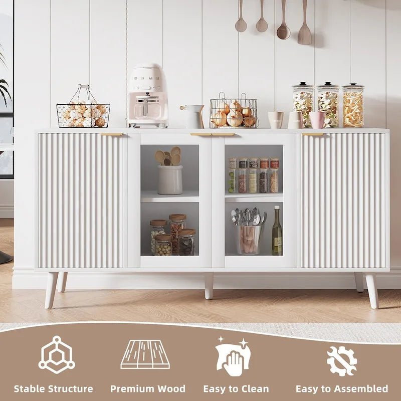 Credenza/Mobile Buffet Mid-Century Bianco e Nero con 4 Ante in Vetro, Armadietto Monofamiliare