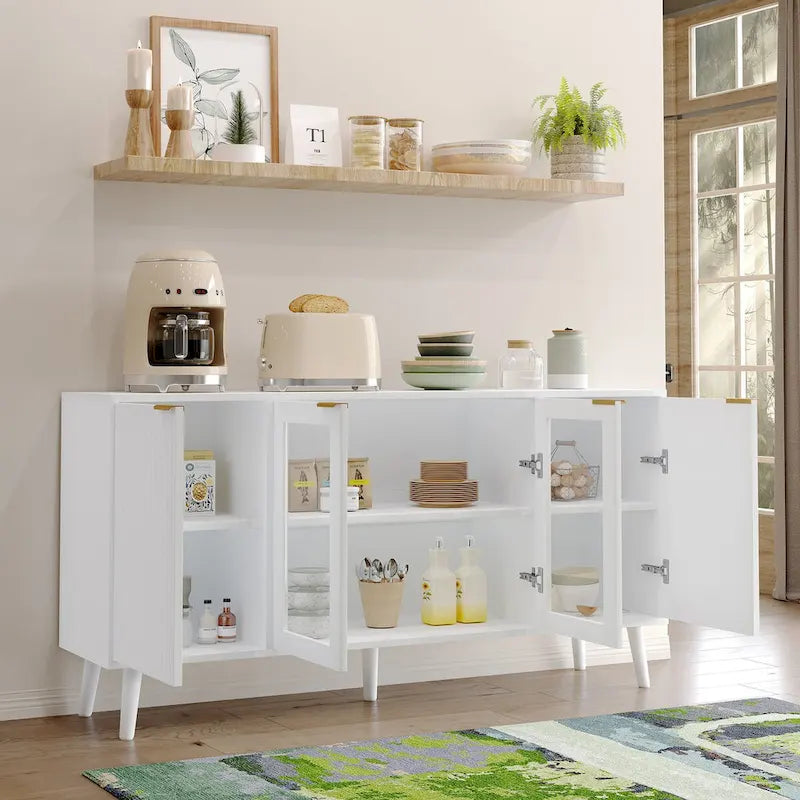 Credenza/Mobile Buffet Mid-Century Bianco e Nero con 4 Ante in Vetro, Armadietto Monofamiliare