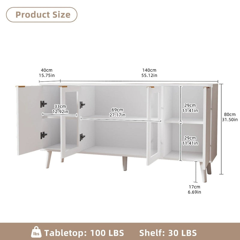 Credenza/Mobile Buffet Mid-Century Bianco e Nero con 4 Ante in Vetro, Armadietto Monofamiliare
