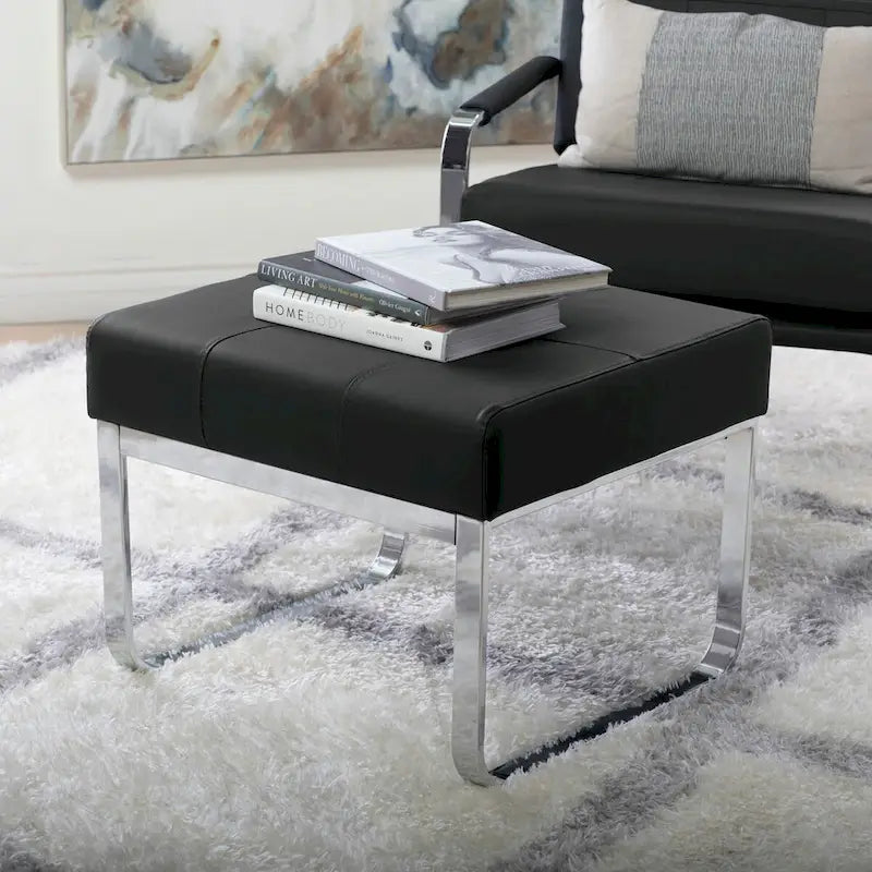 Poggiapiedi rettangolare in pelle rigenerata con gambe cromate, moderno, 1 persona – Marrone / Grigio / Nero