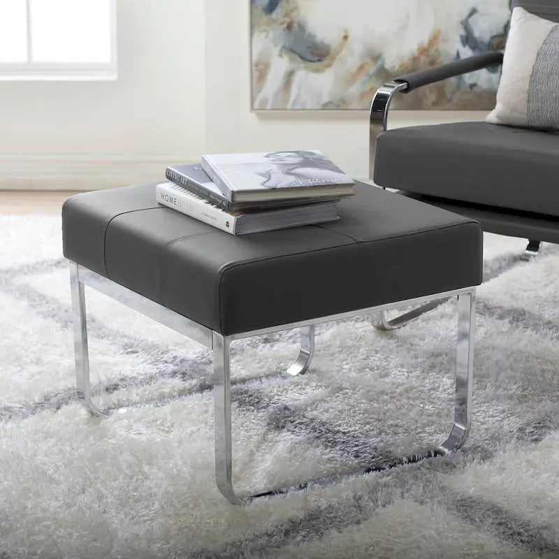 Poggiapiedi rettangolare in pelle rigenerata con gambe cromate, moderno, 1 persona – Marrone / Grigio / Nero