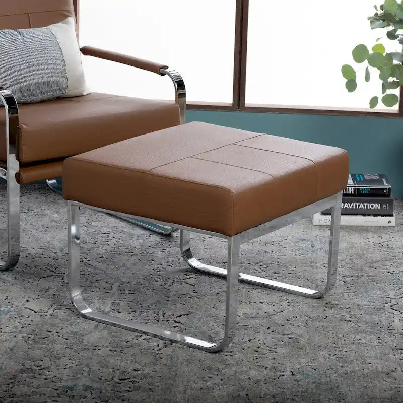Poggiapiedi rettangolare in pelle rigenerata con gambe cromate, moderno, 1 persona – Marrone / Grigio / Nero