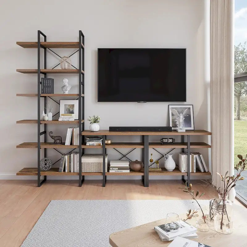 Mobile TV in noce anticato di metà secolo con libreria a 6 ripiani, montaggio da 1 persona, 106,3×14×85 pollici