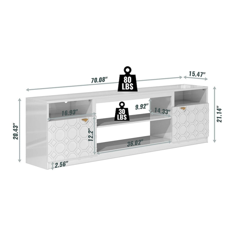 Mobile TV bianco/nero laccato lucido con gambe dorate, adatto a TV fino a 70", 1 persona
