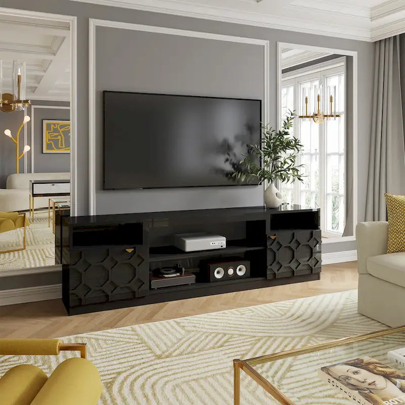 Mobile TV bianco/nero laccato lucido con gambe dorate, adatto a TV fino a 70", 1 persona