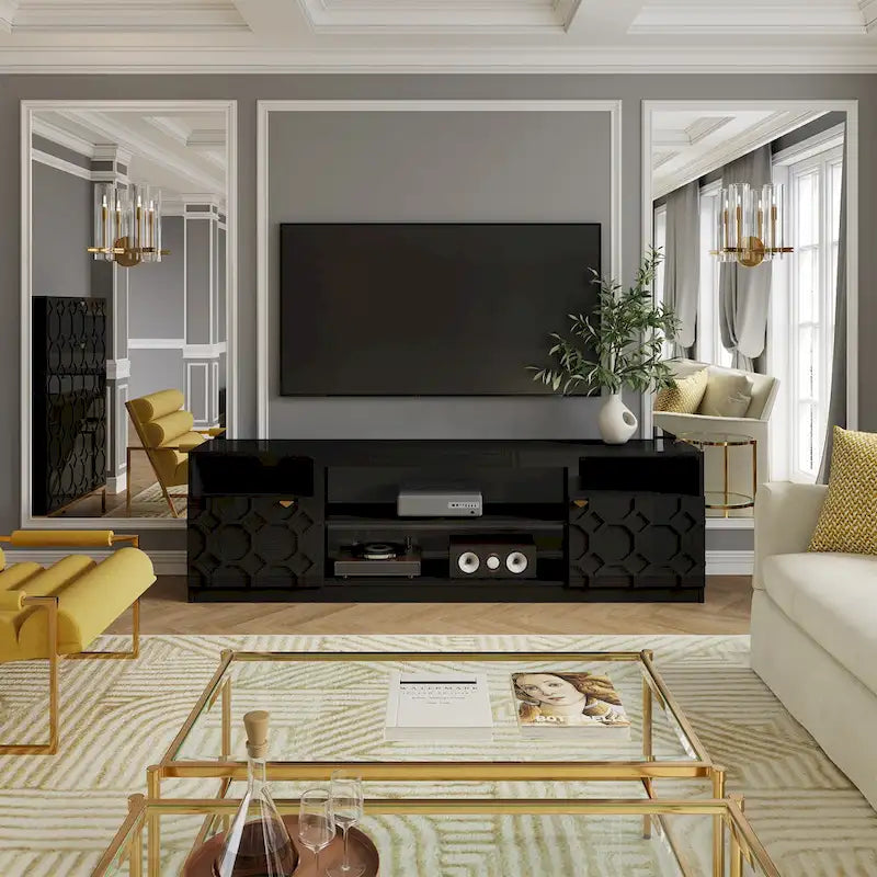 Mobile TV bianco/nero laccato lucido con gambe dorate, adatto a TV fino a 70", 1 persona