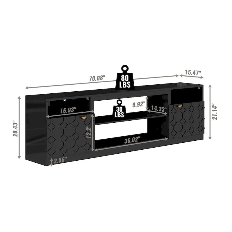 Mobile TV bianco/nero laccato lucido con gambe dorate, adatto a TV fino a 70", 1 persona