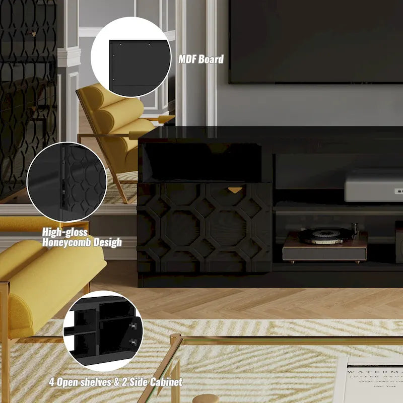 Mobile TV bianco/nero laccato lucido con gambe dorate, adatto a TV fino a 70", 1 persona