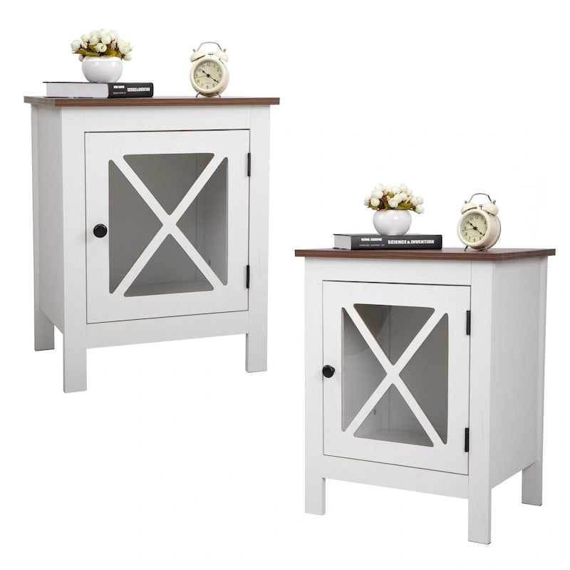 Comodino industriale marrone/bianco/naturale/grigio con anta in vetro, set da 2