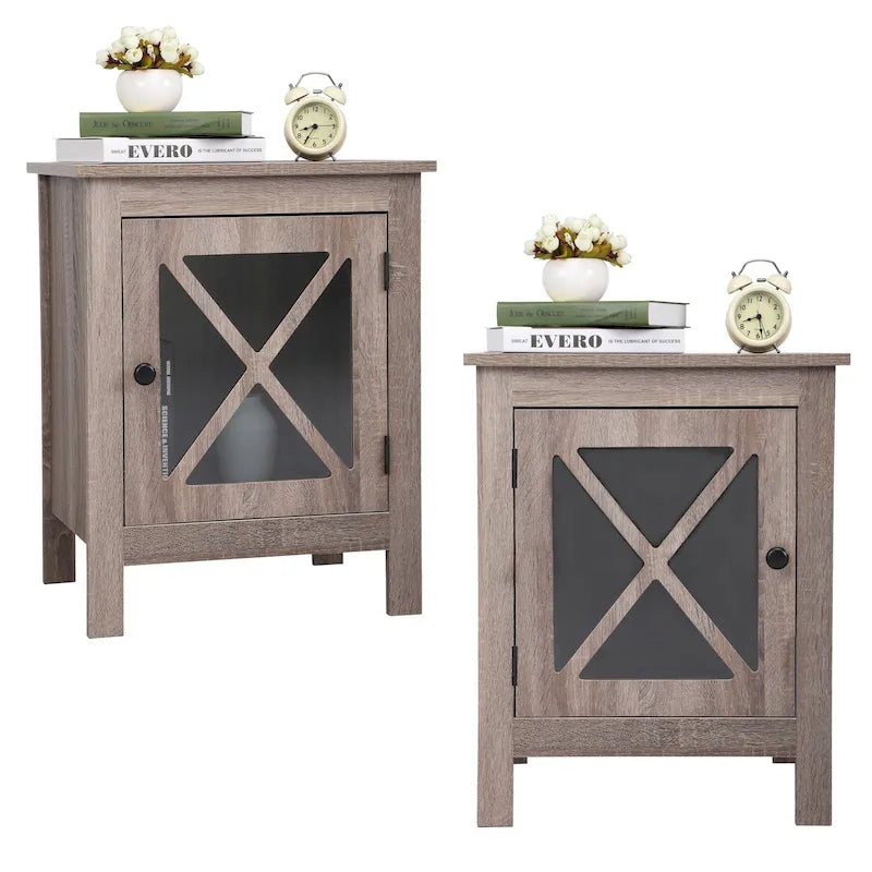 Comodino industriale marrone/bianco/naturale/grigio con anta in vetro, set da 2