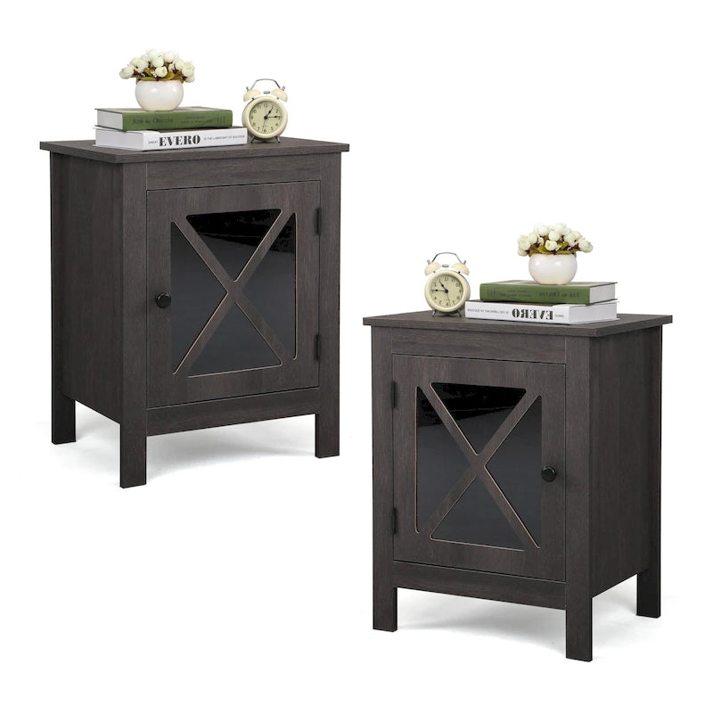 Comodino industriale marrone/bianco/naturale/grigio con anta in vetro, set da 2