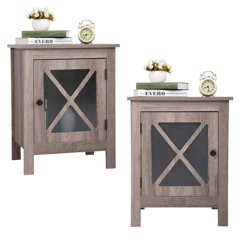 Comodino industriale marrone/bianco/naturale/grigio con anta in vetro, set da 2