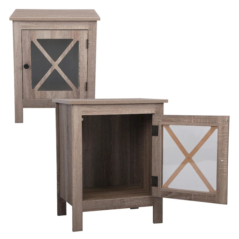 Comodino industriale marrone/bianco/naturale/grigio con anta in vetro, set da 2