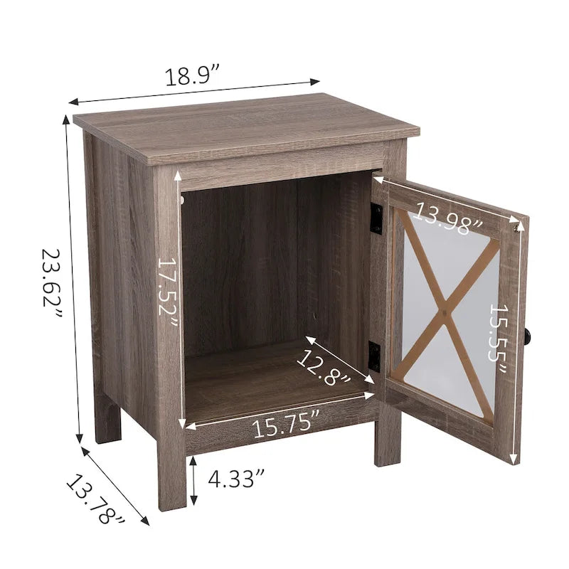 Comodino industriale marrone/bianco/naturale/grigio con anta in vetro, set da 2