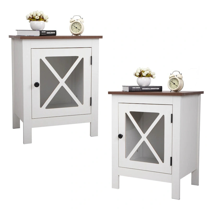 Comodino industriale marrone/bianco/naturale/grigio con anta in vetro, set da 2
