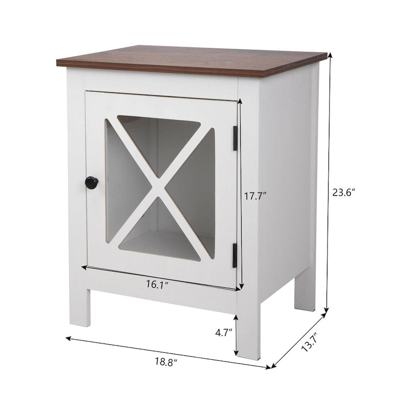 Comodino industriale marrone/bianco/naturale/grigio con anta in vetro, set da 2
